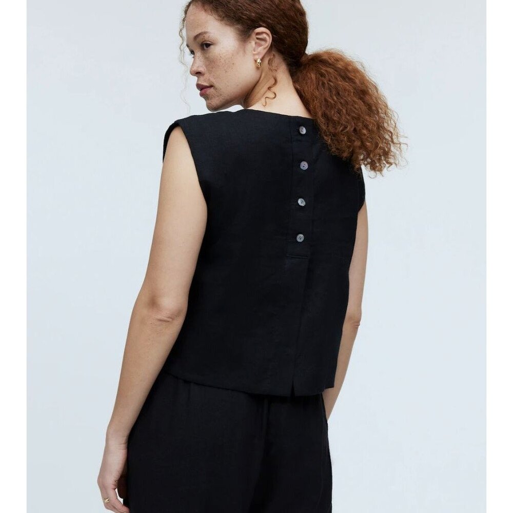 MADEWELL Bateau-Neck Tank in 100% Linen Black NWT